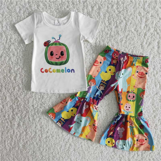 White T-shirt Rainbow Pants Set