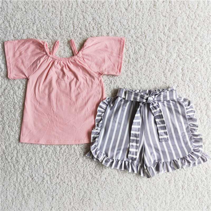 pink top gray stripe shorts set summer clothing