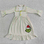 Ankle Length Dots Grinch Print Christmas Pajamas Dress Girl