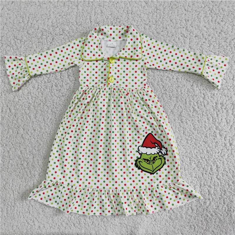 Ankle Length Dots Grinch Print Christmas Pajamas Dress Girl