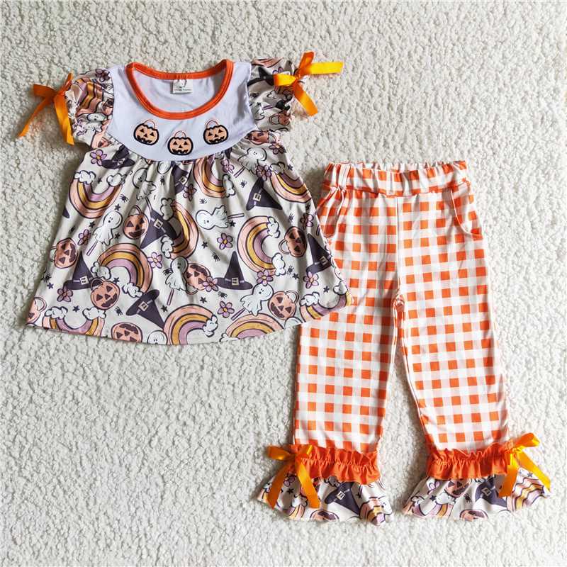 baby girl 3 pumpkins embroidery halloween romper