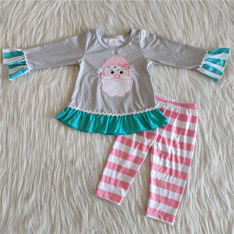 Cute Santa Embroidery Pink Stripe Leggings Set