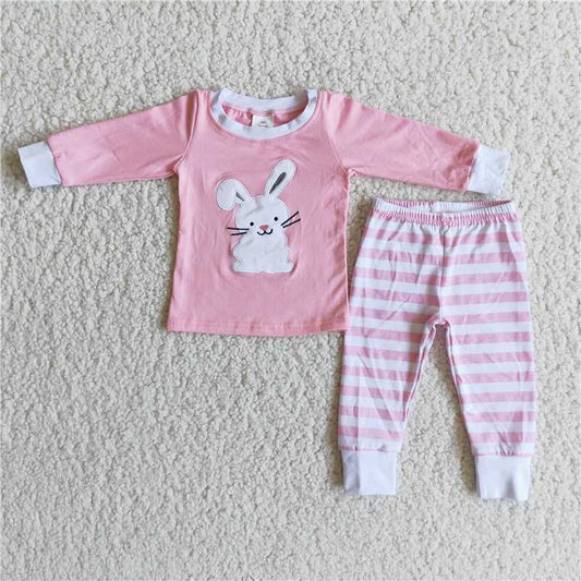 Pink Cotton Rabbit Embrodiery Top Stripe Pants Pajamas Girl