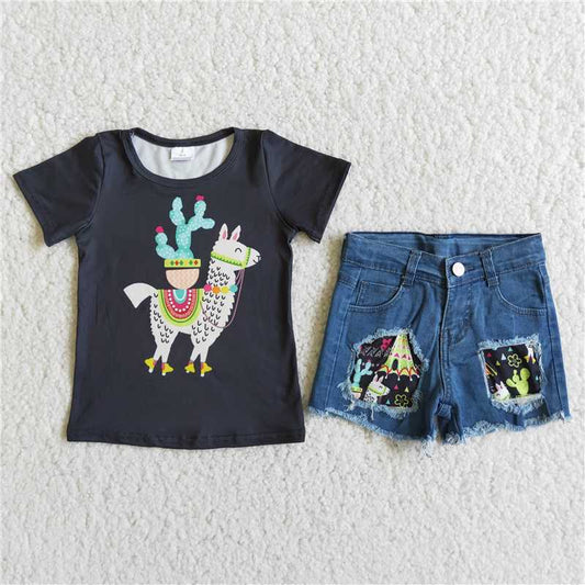 kids girl's outfit llama denim shorts set clothing summer