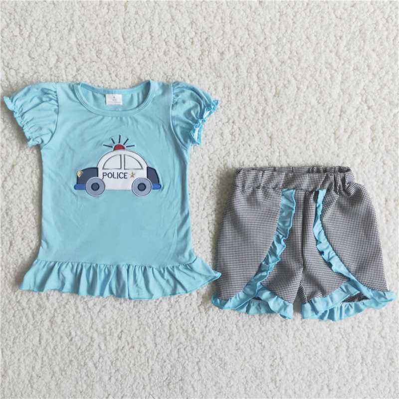 girl's outfit police car embroidery shorts set