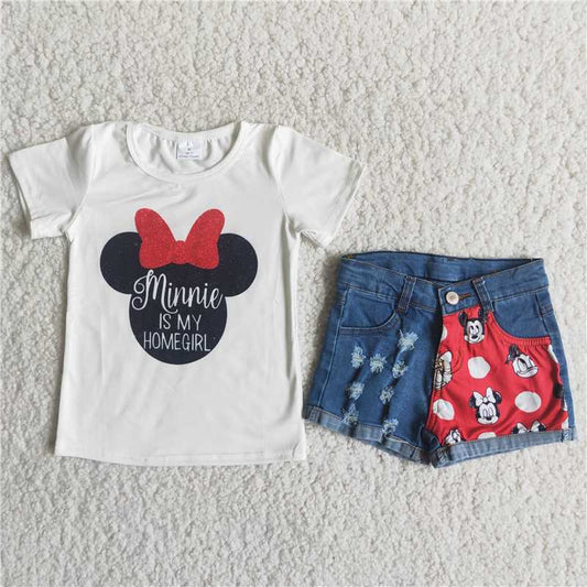 white minnie print blue denim shorts set