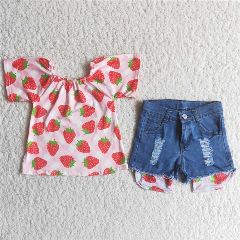 strawberry print off-shoulder blue denim shorts set