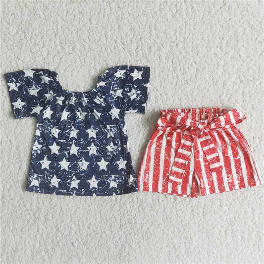 Red White & Cute Stars Ruffle Girls 4th Of July Patriotic Shorts Outfit