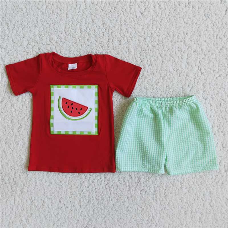 red cotton watermelon embroidery plaid shorts set
