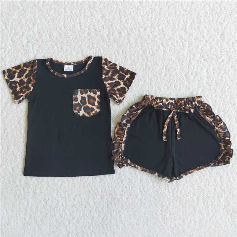 girl's outfit black leopard shorts set summer clothing