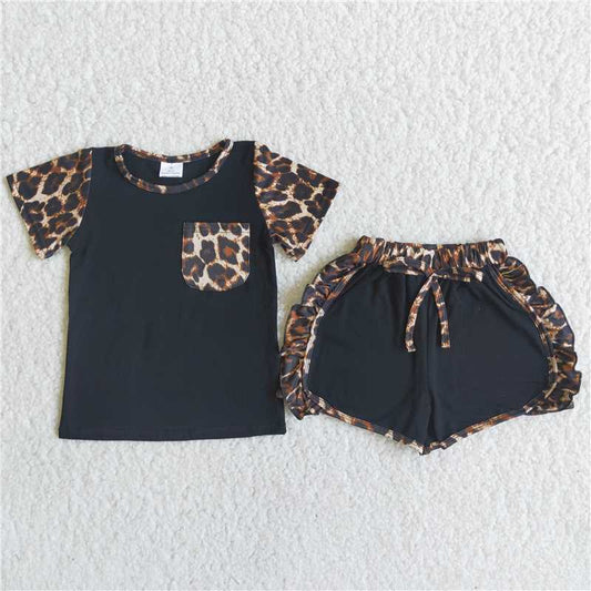 black leopard shorts set girl summer clothing