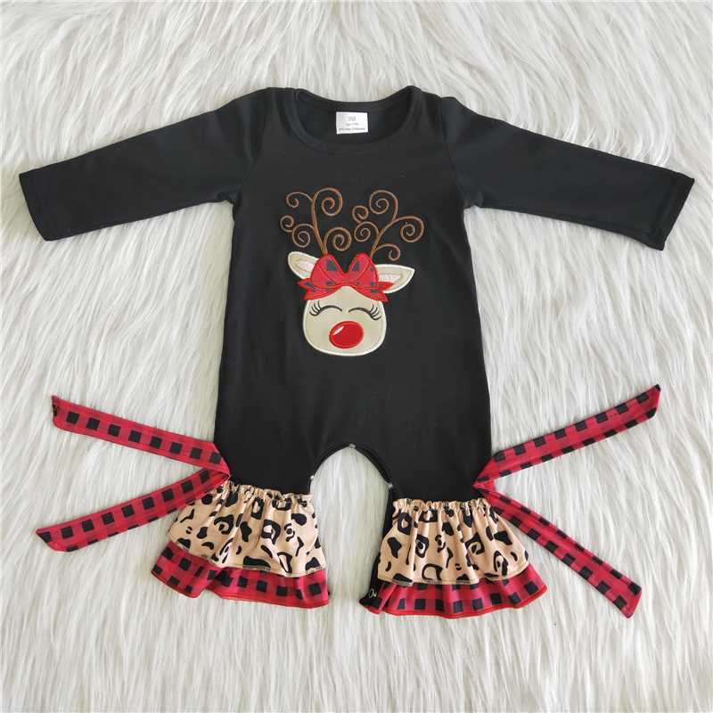 Black Long Sleeve Romper Deer Embroidery