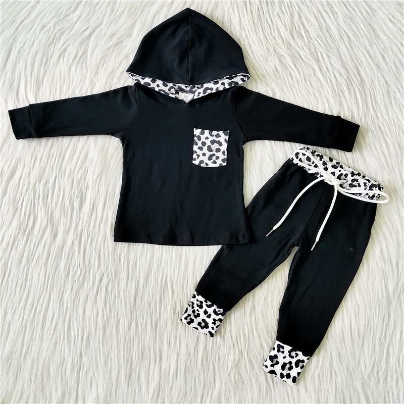 Cotton Black Gray Leopard Hoodie Set