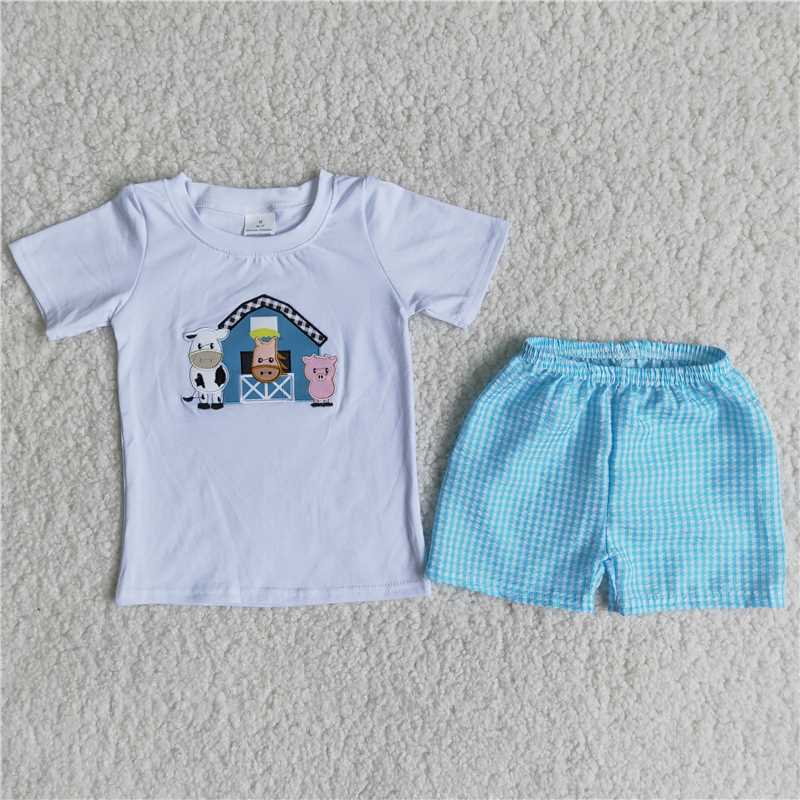 farm house embroidery blue grid shorts set