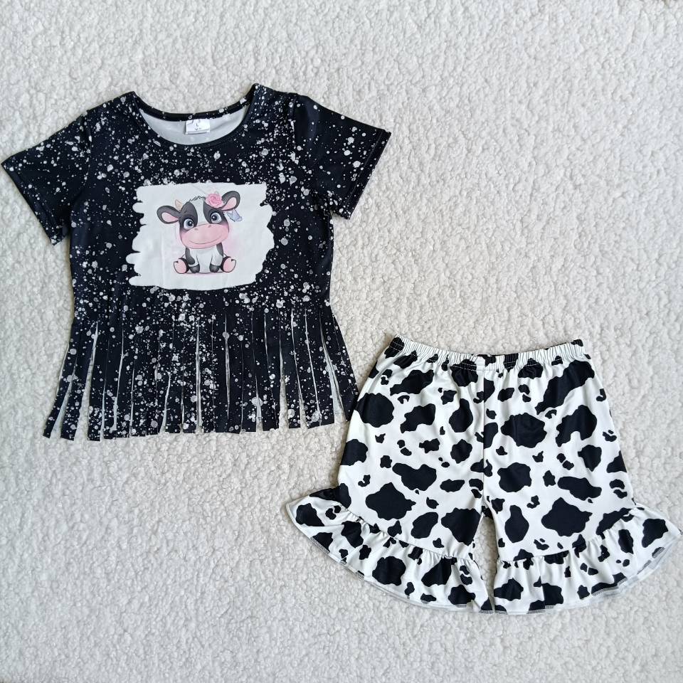 kids girl's outfit black cow shorts clothing set