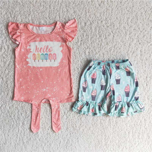 hello summer baby girl ice-cream shorts set