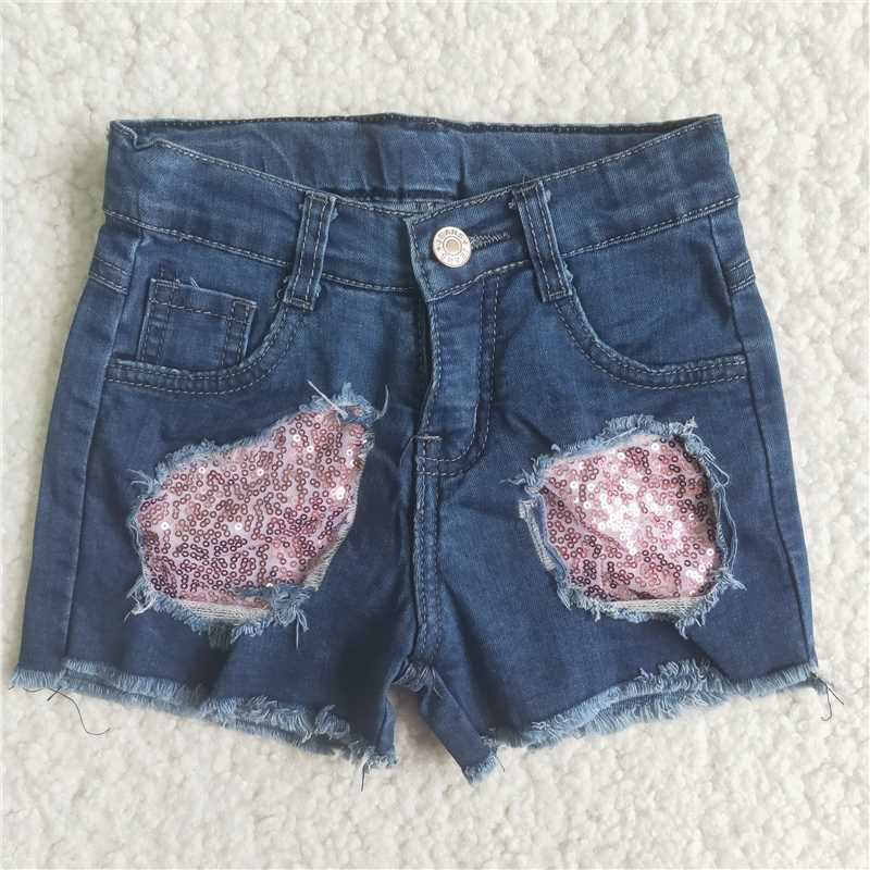 pink sequins hole denim shorts