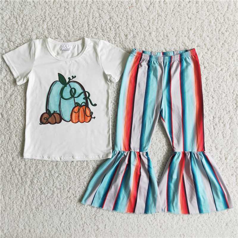 Short Sleeve Pumpkin Print Shirt Striped Bells Set