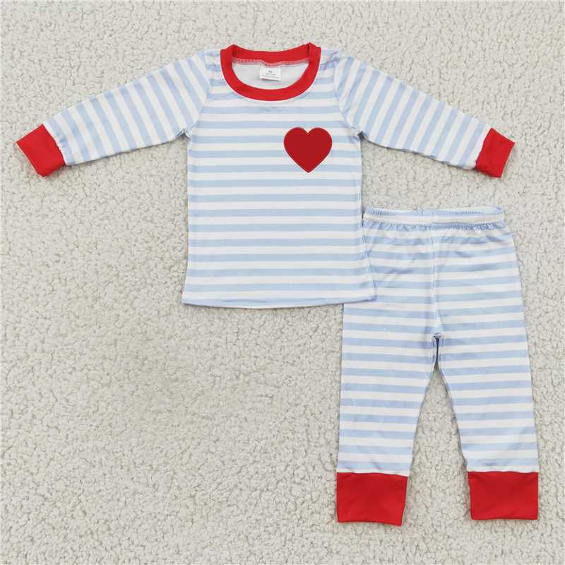 boy blue stripe pajama with heart embroidery