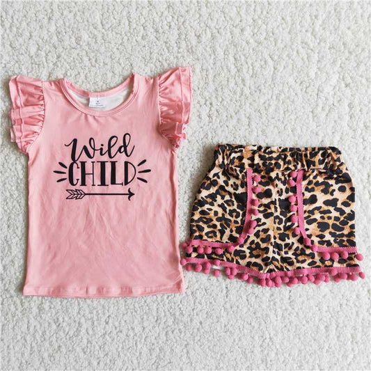 pink wild child shorts set girl’s outfit