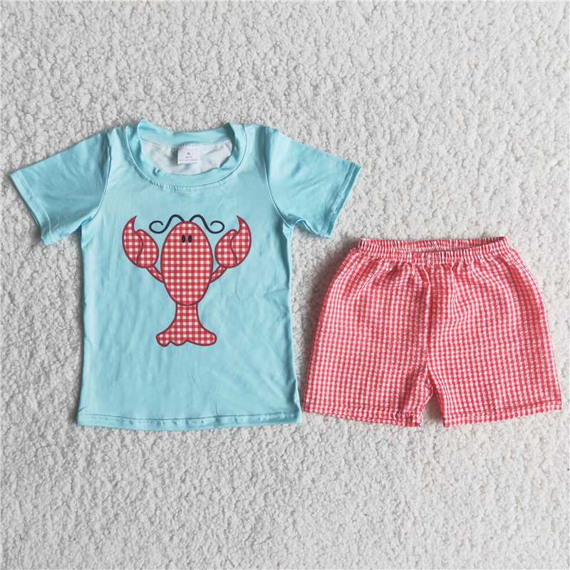 lobster print red seersucker shorts set