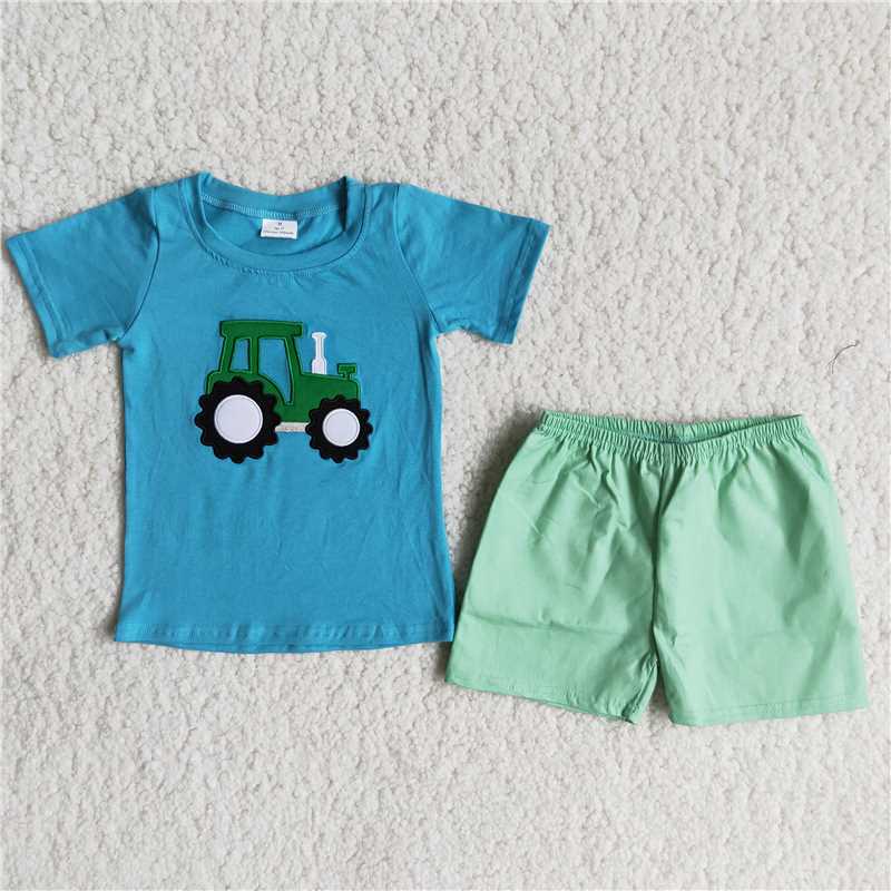 farm truck embroidery green woven shorts set boy