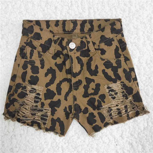 brown leopard denim shorts with hole