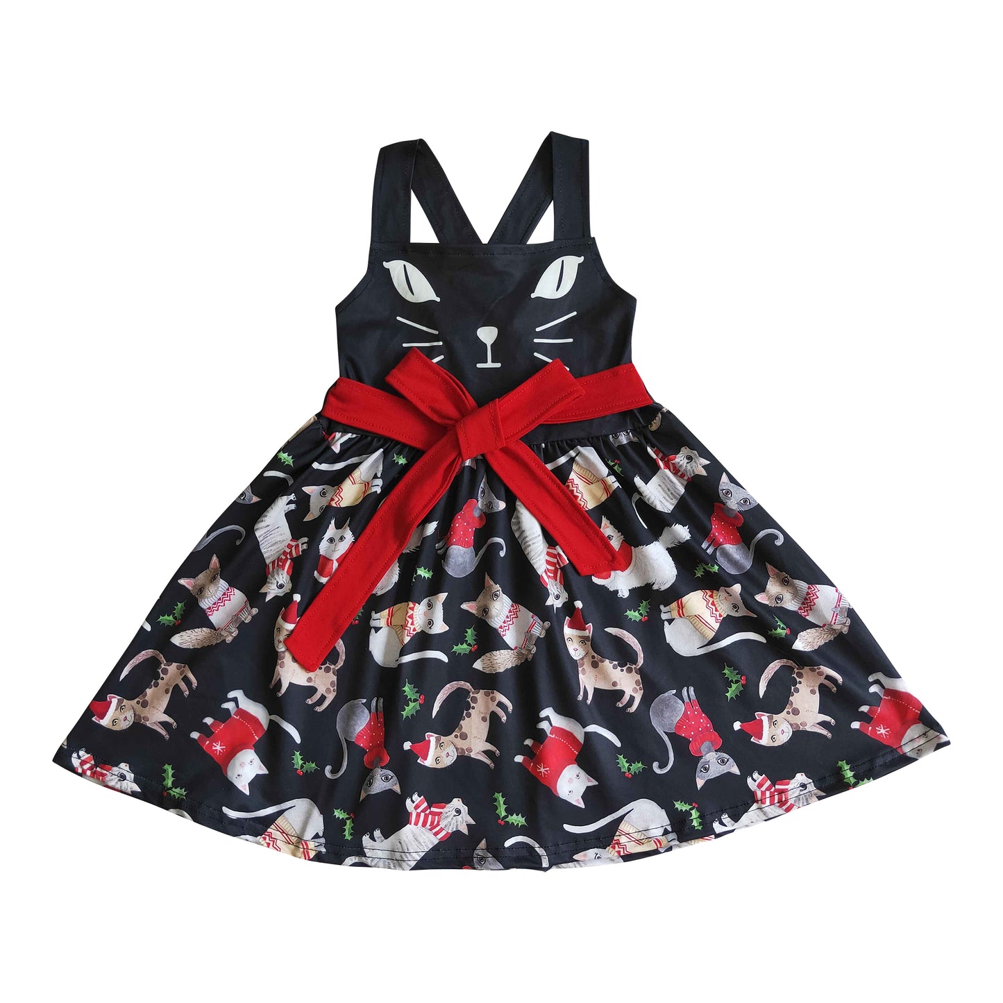 girl christmas cat twirl dress with red belt
