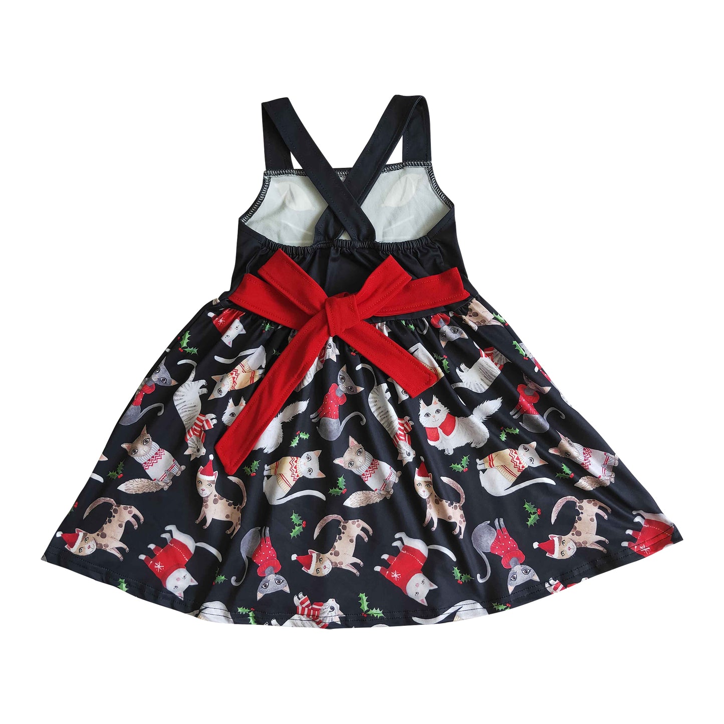 girl christmas cat twirl dress with red belt