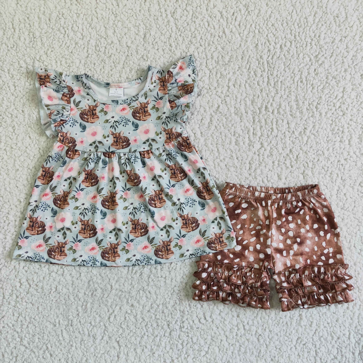 summer girl's outfit shorts set floral fawn