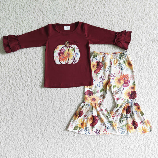 girl burgundy maroon cotton floral pumpkin embroidery outfit fall clothes