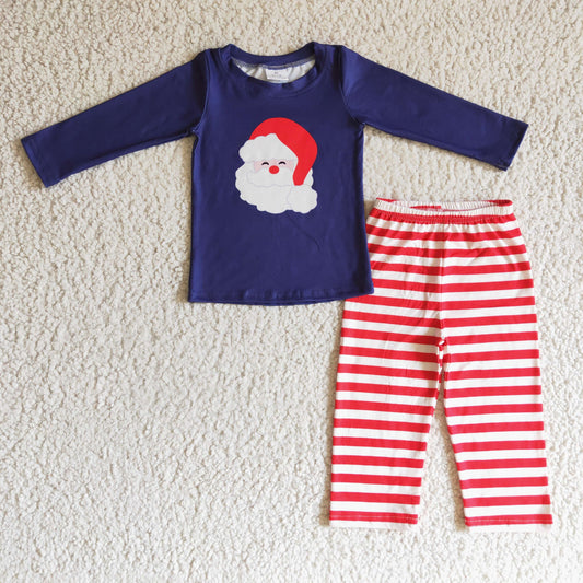navy blue shirt with santa print match red stripe pants boys outfit
