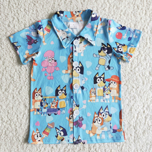 blue short sleeve cute dog print shirt