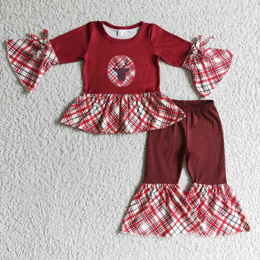 deer print plaid outfit girl’s clothing