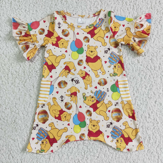 baby girl's short sleeve cartoon bear dress with pocket