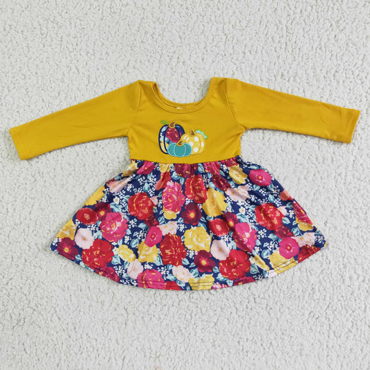 autumn 3 pumpkin embroidery mustard floral dress girl