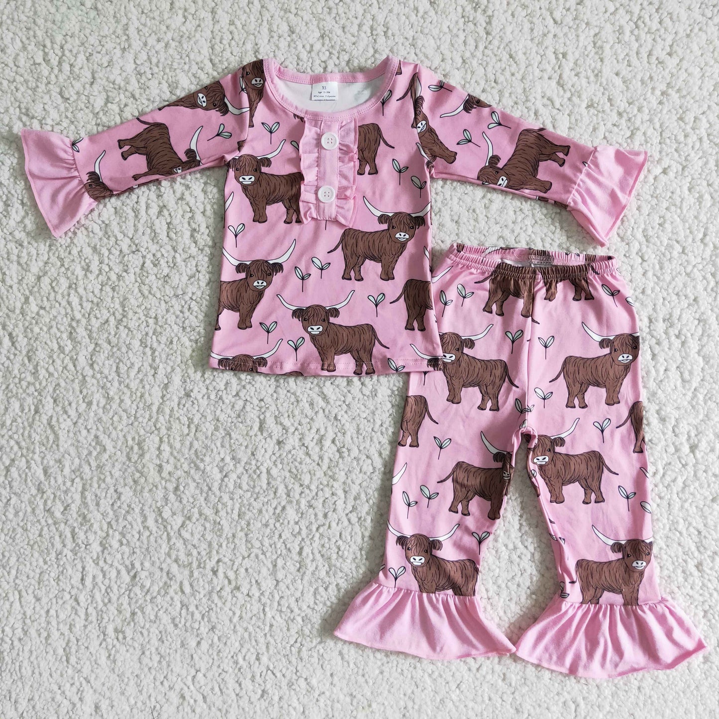 Pink Cute Peeking Cow Ruffle Pajamas Girl