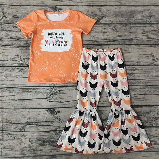 girl short sleeve farm chicken print outfit