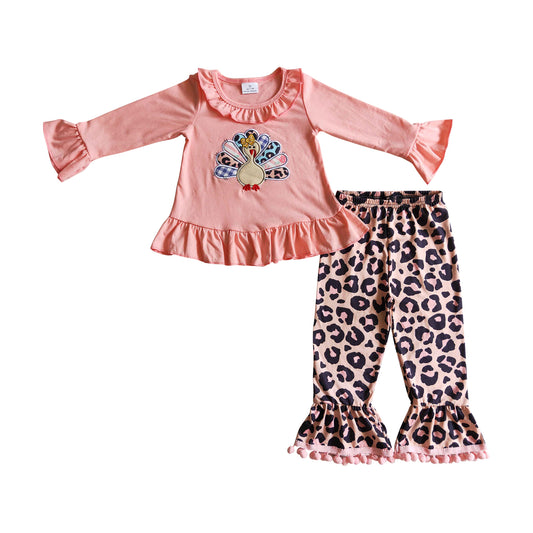 thanksgiving pink top turkey embroidery leopard pants set for baby girl