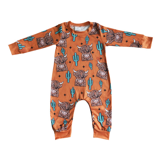 kids brown long sleeve highland cow romper