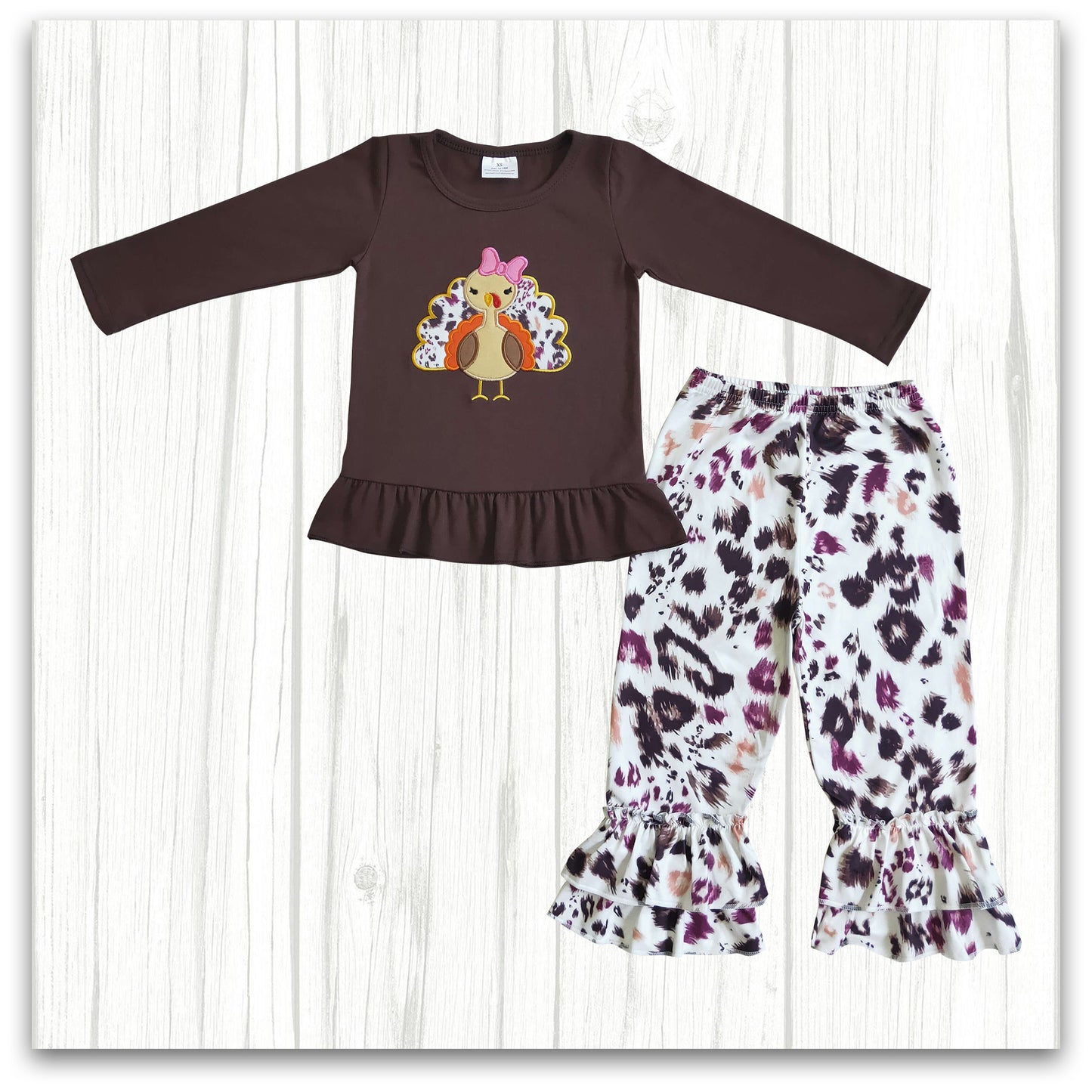 girl thanksgiving day brown turkey embroidery leopard pants set
