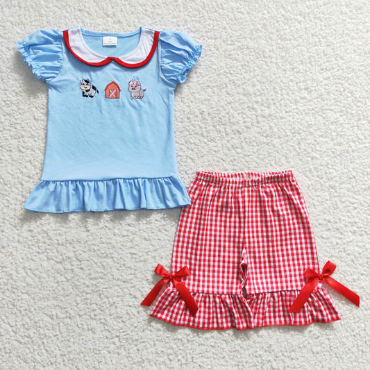 farm embroidery shorts set girl summer clothes