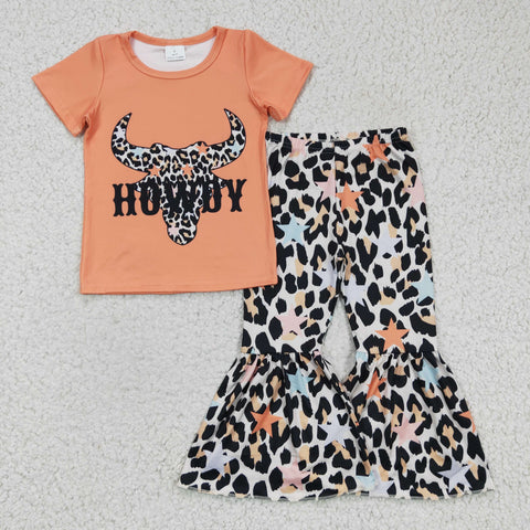 "HOWDY" bull top w/multicolor cheetah & stars bell bottoms 2pc set