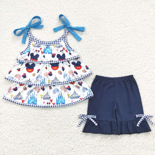 cartoon castle ruffle shorts set girl summer clothes