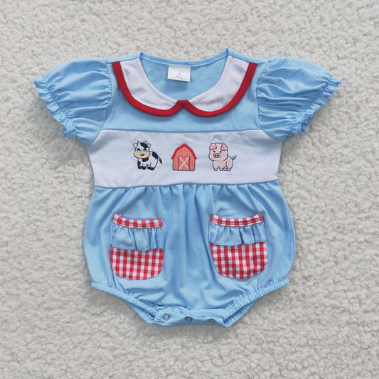 blue farm embroidery romper with pocket