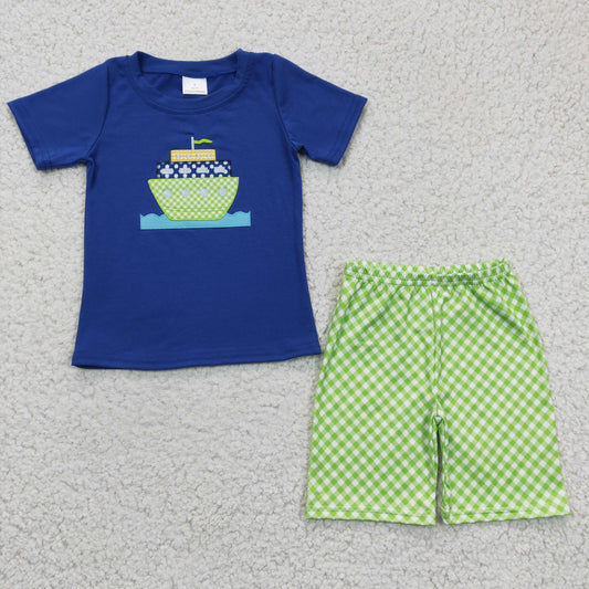 boy blue green sail boat embroidery shorts set