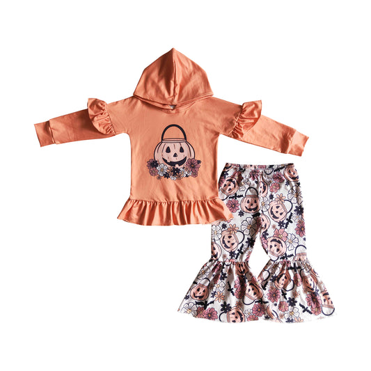 halloween outfit for girl orange ruffle hoodie top pumpkin basket pants set