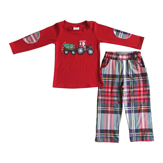 kids red christmas tree truck embroidery outfits for boy