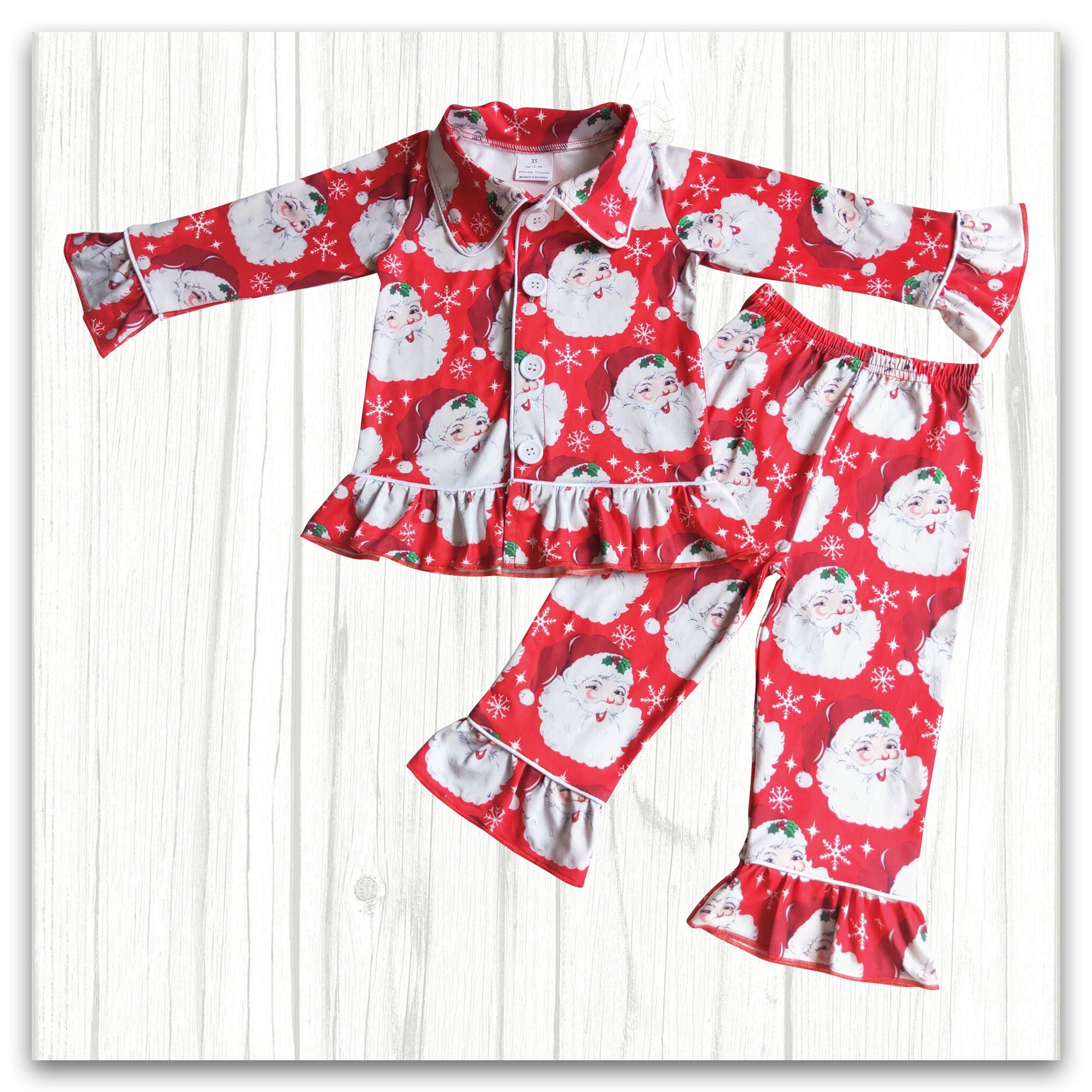 Red Cute Santa Christmas Ruffle Pjs Girl