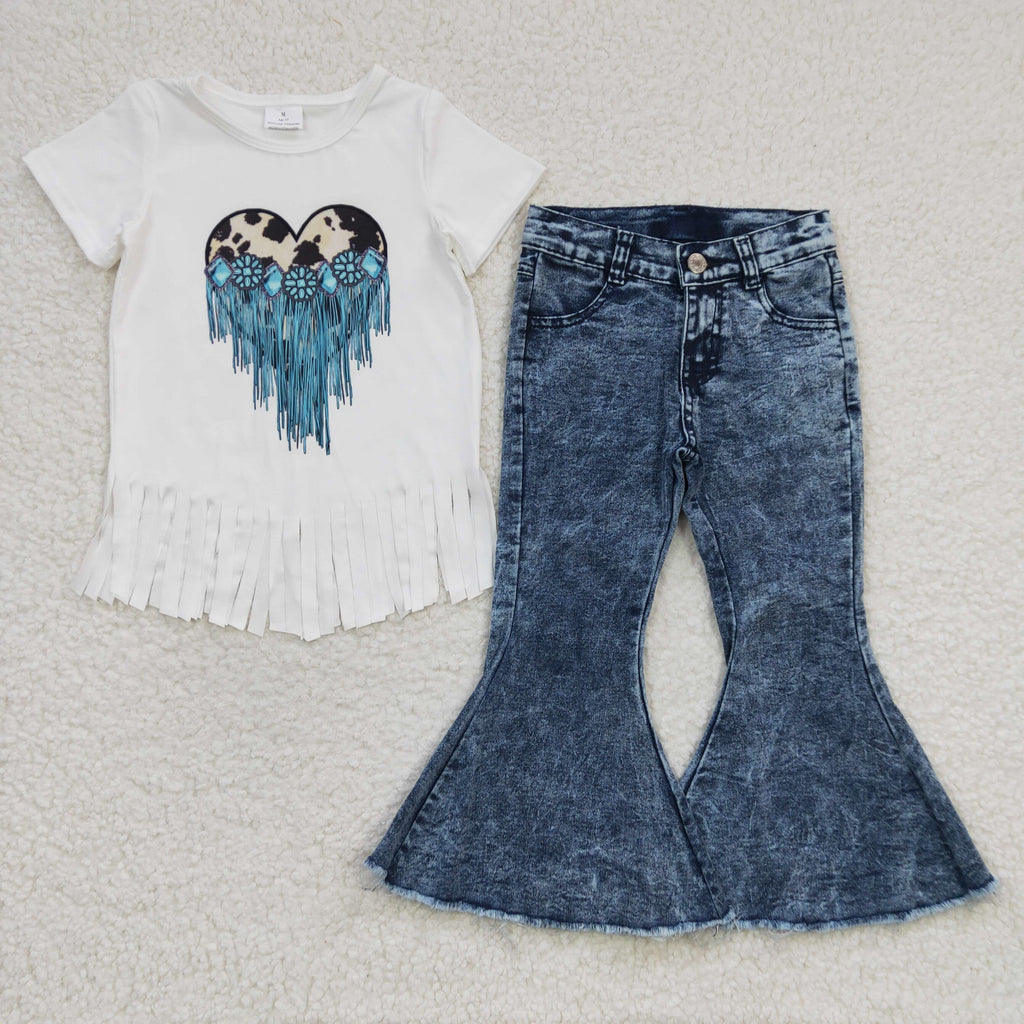 western turquoise heart white tassel t shirt